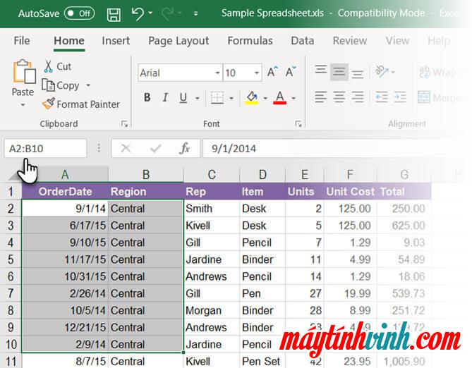 Chọn một dải ô có Hộp Tên trong Excel