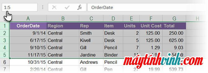 Chọn các hàng trong Excel thông qua Hộp Tên